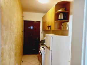 a kitchen with a white refrigerator and a black door at B4 in Budva