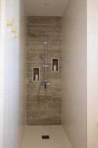 アルルにあるLe domaine de Mika & Ninaの木製の壁がある浴室のシャワー