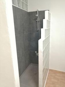 a bathroom with a shower with gray tiles at Casamaria in Tarajalejo