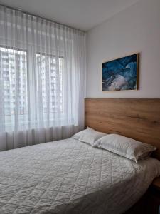 a bedroom with a bed and a large window at Sokolis Apartman in Kragujevac