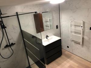 a bathroom with a sink and a shower at Grande maison à à Bresse avec jacuzzi cheminée et jardin Idéal pour les familles et amis in La Bresse +41 photos