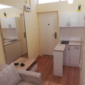 a living room with a couch and a kitchen at Apartman Biljana in Novi Sad
