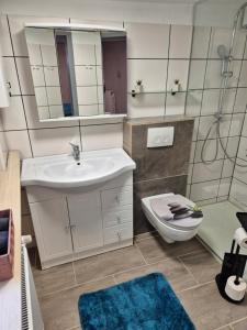 a bathroom with a sink and a toilet and a mirror at Ferienwohnung Puchfrie in Bad Sooden-Allendorf +12 photos