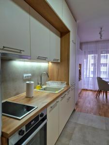 a kitchen with white cabinets and a sink at Sokolis Apartman in Kragujevac +32 photos