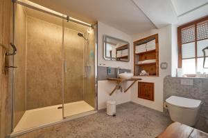 a bathroom with a shower and a toilet and a sink at Schinkel Ferienunterkünfte Quedlinburg UNESCO Altstadt, Parkplatz inkl in Quedlinburg +28 photos