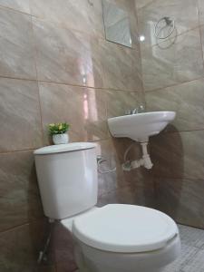 a bathroom with a white toilet and a sink at Departamento cerca de la playa in Puerto Vallarta