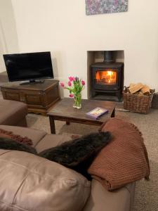 a living room with a couch and a fireplace at Cottage Retreat Snowdonia in Capel-Curig