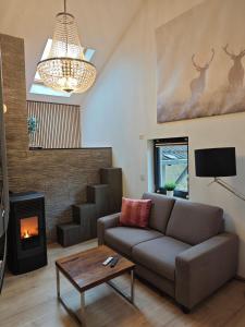 a living room with a couch and a fireplace at Waldoase im Nationalpark Eifel für 4 Personen und max 2 Hunde in Schleiden
