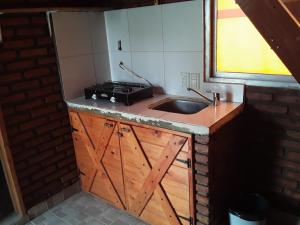 a kitchen with a sink and a stove at cabañas rio santa cruz in Comandante Luis Piedra Buena