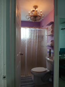 a bathroom with a toilet and a chandelier at Autentico y Lindo Departamento in Puerto Vallarta +7 photos