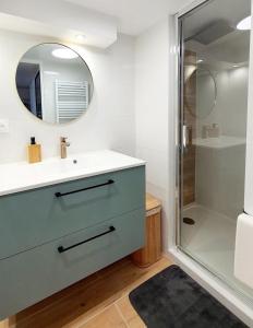 a bathroom with a sink and a shower at T2 NEUF indépendant - 8min de Lyon - Parking privé -Terrasse in Irigny +18 photos