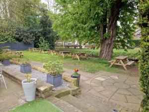 a group of picnic tables and benches in a park at OYO The Leven in Stokesley