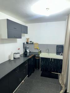 a kitchen with black cabinets and a white sink at T2 - Cayenne spacious center in Cayenne