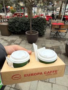 una persona sosteniendo una caja con placas en ella en ROMANCE Apartments, en Tirana