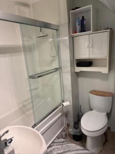 a bathroom with a shower and a toilet and a sink at Oshawa Duplex in Oshawa