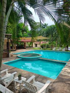 a pool with chairs and palm trees in a resort at Melany's House's in Ajaxá