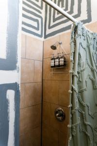 a shower in a bathroom with a shower curtain at 420 Friendly Canada Bridge View Loft Downtown FREE parking in Detroit +14 photos