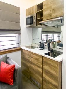 a kitchen with a sink and a microwave at Petite Stylish 1Bed Apt Courtyard Lekki1 in Lekki Phase 1
