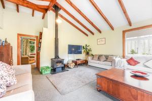 哈夫洛克Fantail Cottage Kaiuma Bay - Havelock Holiday Home的带沙发和壁炉的客厅