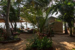 a patio with palm trees and tables and chairs at Jardim a Mar in Agonda
