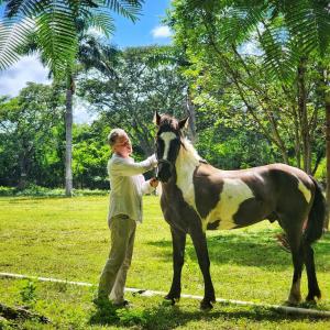 a man standing next to a horse in a field at Hacienda San Antonio in Kanasín