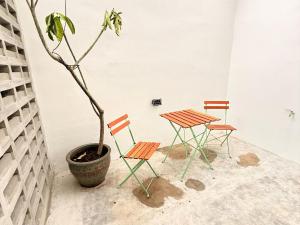 a table and two chairs and a potted plant at TwinTree Kelawai in George Town