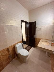 a bathroom with a toilet and a sink at Golden Horizon Suite in Lahore +25 photos