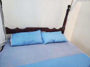 a bed with two blue pillows in a room at Lake Bunyonyi Community Guest house in Kabale