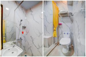 two pictures of a bathroom with a toilet and a sink at OYO Homes 91067 Desa Wisata Santanamekar in Rajapolah