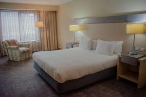 a hotel room with a large bed and a chair at Radisson Hotel Puerto Varas in Puerto Varas