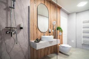 a bathroom with a sink and a mirror at Transalpina Retreat in Novaci +32 photos