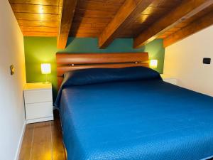 罗扎诺MOON Apartament - intera casa vicino Assago Forum Humanitas e IEO - con possibilità di box privato的卧室里有一张蓝色的床和一面绿色的墙