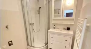 un bagno bianco con doccia e lavandino di Zentrales Studio in bester Lager a Vienna