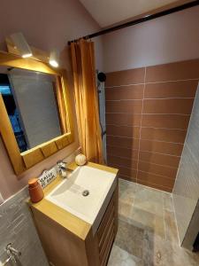 a bathroom with a sink and a shower with a mirror at La Cachette des Amoureux in Bruniquel