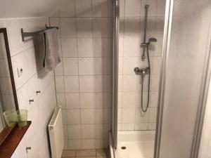 a bathroom with a shower with a glass door at Braunsberger Höfe - Urlaub auf dem Bauernhof in Braunsberg