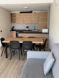 a kitchen and dining room with a table and chairs at Appartamenti Sky Express in Campodolcino