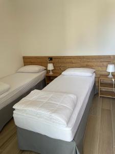 dwa łóżka w pokoju z dwoma lampami w obiekcie Appartamenti Sky Express w mieście Campodolcino