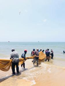 a group of men pulling a boat out of the ocean at Villa Serenity in Negombo