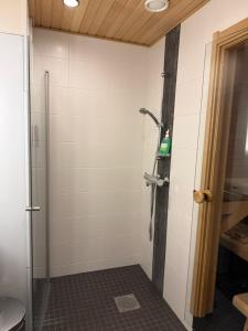 a shower with a glass door in a bathroom at Kylpyla SPA, Saimaa Villa 532 in Imatra