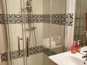 a bathroom with a shower and a sink at Gîte familial avec terrasse privative près de Beauval - FR-1-491-461 in Meusnes +26 photos