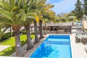 a swimming pool with palm trees in a yard at Albero Villa Polychrono in Polychrono +56 photos