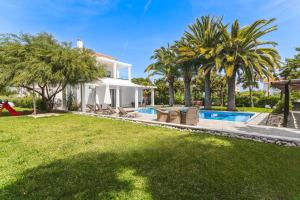 a villa with a swimming pool and palm trees at Albero Villa Polychrono in Polychrono