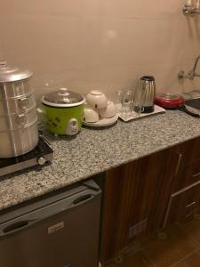 a kitchen counter with pots and pans on it at Zenith Apartments Thamel - Cho Oyu 1BHK Apartment in Kathmandu