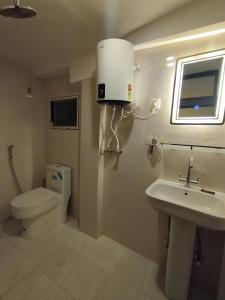 a bathroom with a toilet and a sink at Zenith Apartments Thamel - Manaslu 1BHK Apartment in Kathmandu