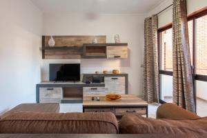a living room with a couch and a tv at Rio a Vista Praia da Rocha Flat in Portimão