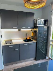 a small kitchen with a sink and a refrigerator at Studio vue mer avec piscine - Le Diamant in Le Diamant +2 photos
