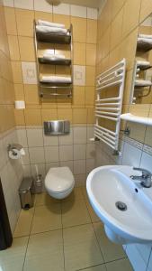 a bathroom with a white toilet and a sink at Noclegi I Restauracja Zodiak in Gliwice