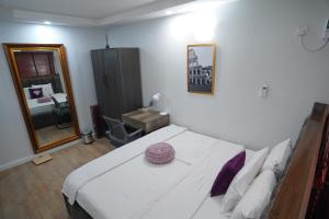 a bedroom with a bed with a mirror and a sink at House 7 Mbora 2 Bedroom Luxury apartment A home away from home Jabi Near Wuse 2 Abuja Fully Serviced Wifi and More in Abuja