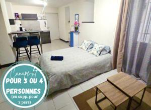 a small bedroom with a bed and a kitchen at Agréable t2 calme centre-ville Cahors in Cahors