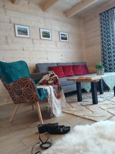 una sala de estar con un sofá y una mesa en Tatra West Farm, en Dzianisz